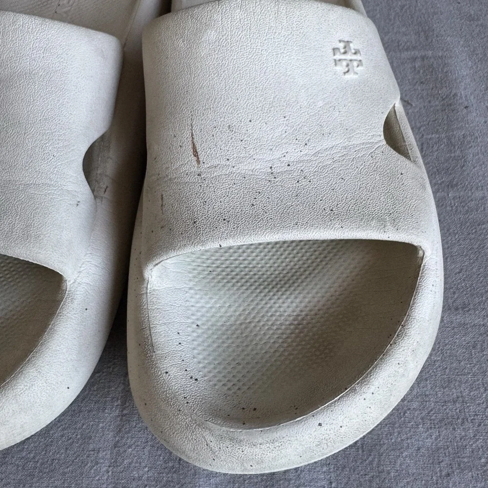 Size 7b - Tory Burch Women's Beige Shower Slide Sandals Slip-On Pool Logo Shoes